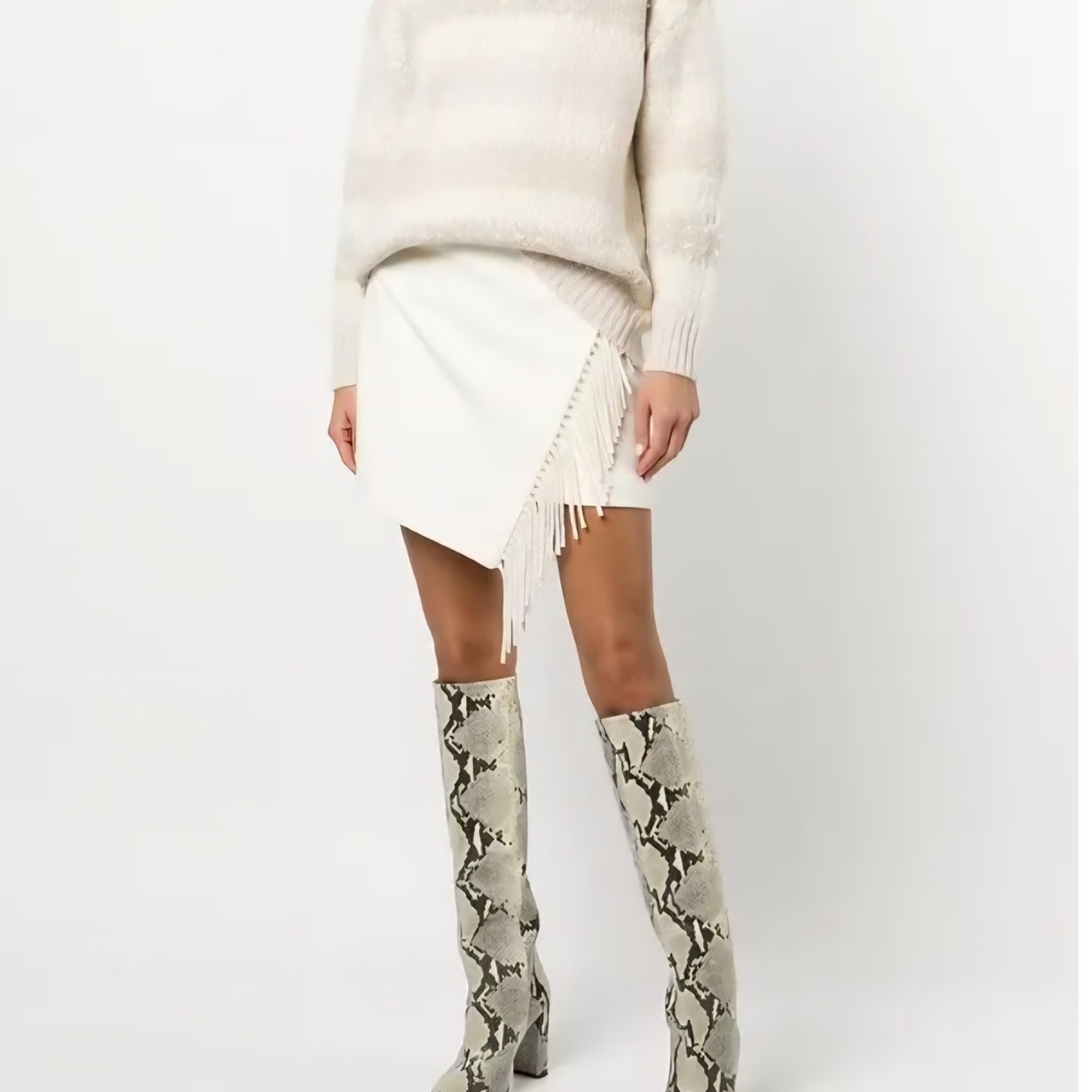 Milly Asymmetrical Ivory Wool-Cotton Skirt with Fringe Sze. 10